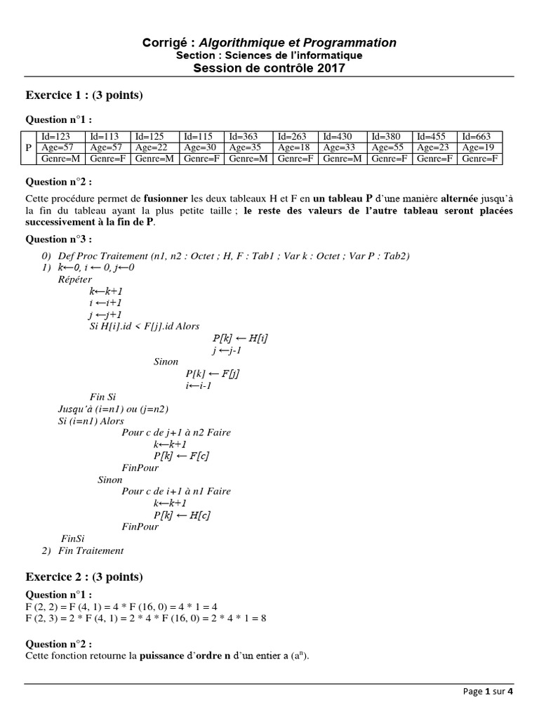 Corrigé Algorithmique Bac Info 2017 | PDF | Informatique | Informatique