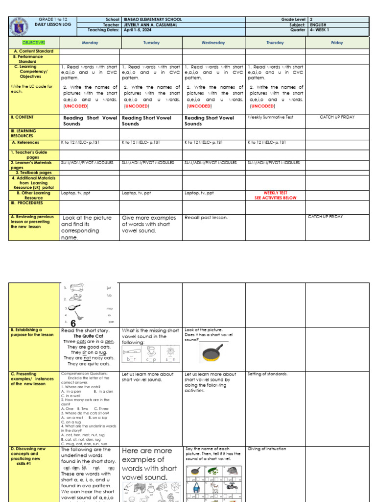 Grade 2 English Daily Lesson Log | PDF | Educational Assessment ...