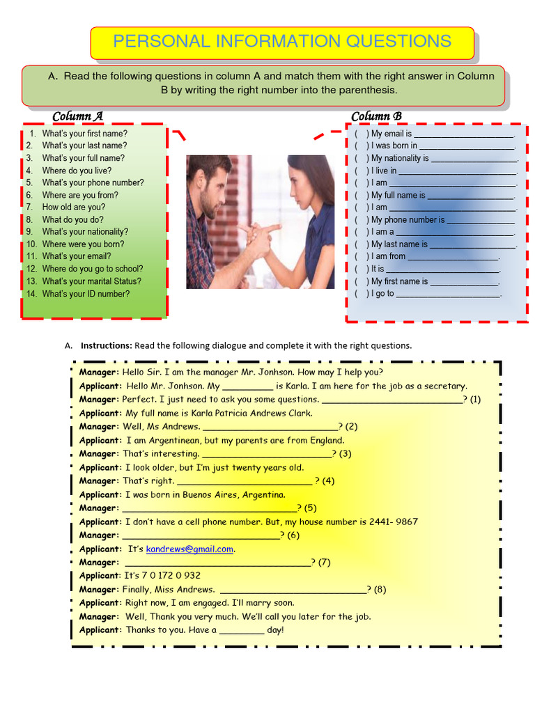 Personal information questions worksheet 1 | PDF