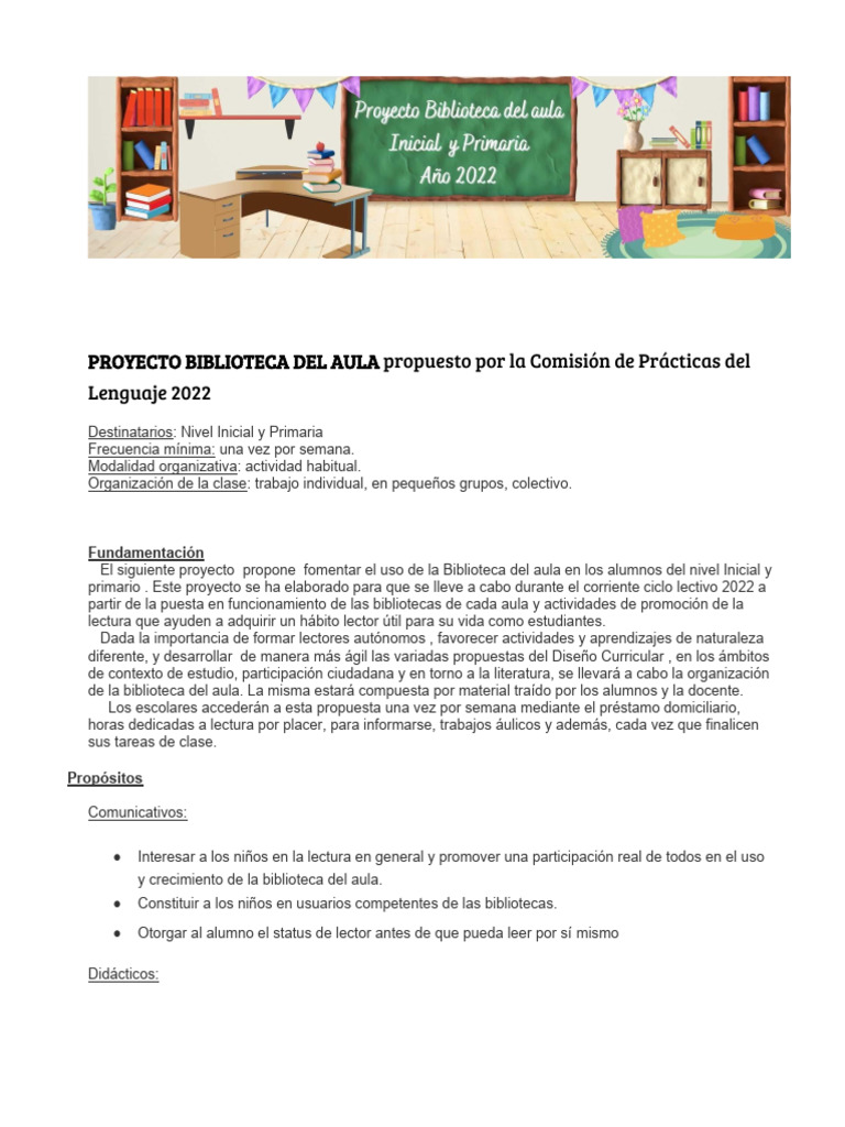 Proyecto de Biblioteca del Aula Inicial | PDF | Educación de la primera ...