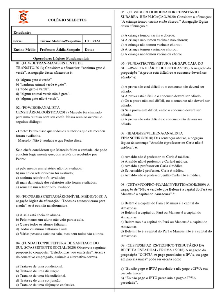 Questões de Concurso - Raciocínio Lógico | PDF | Lógica