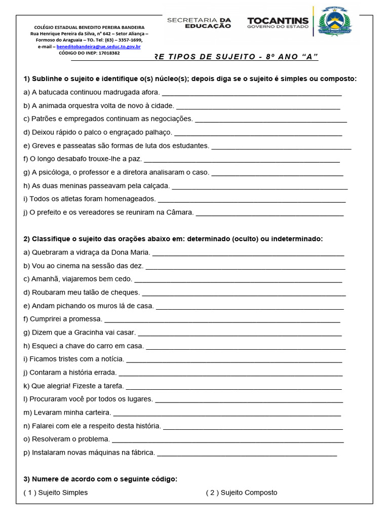 Exercícios sobre Tipos de Sujeito - 8º Ano | PDF | Assunto (gramática)