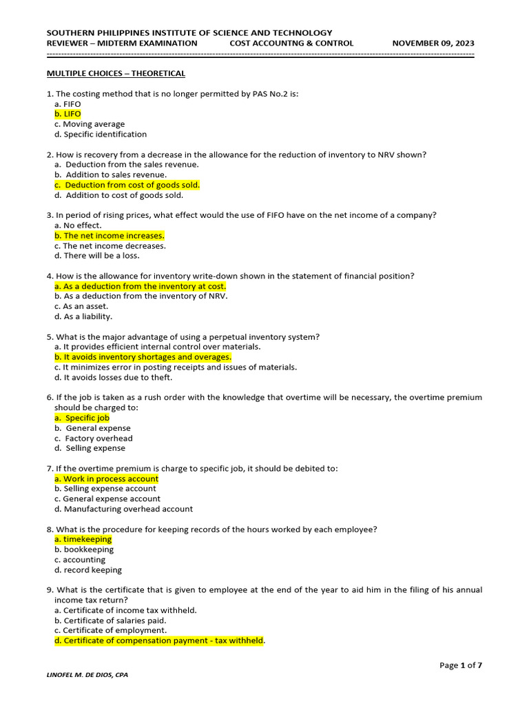 Reviewer+ +Midterm+ExaminationCOST | PDF | Cost Of Goods Sold | Expense