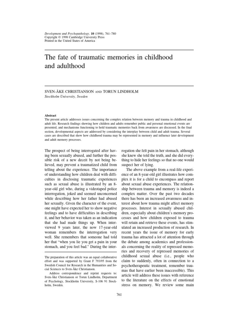 The Fate of Traumatic Memories in Childhood | PDF | Memory ...