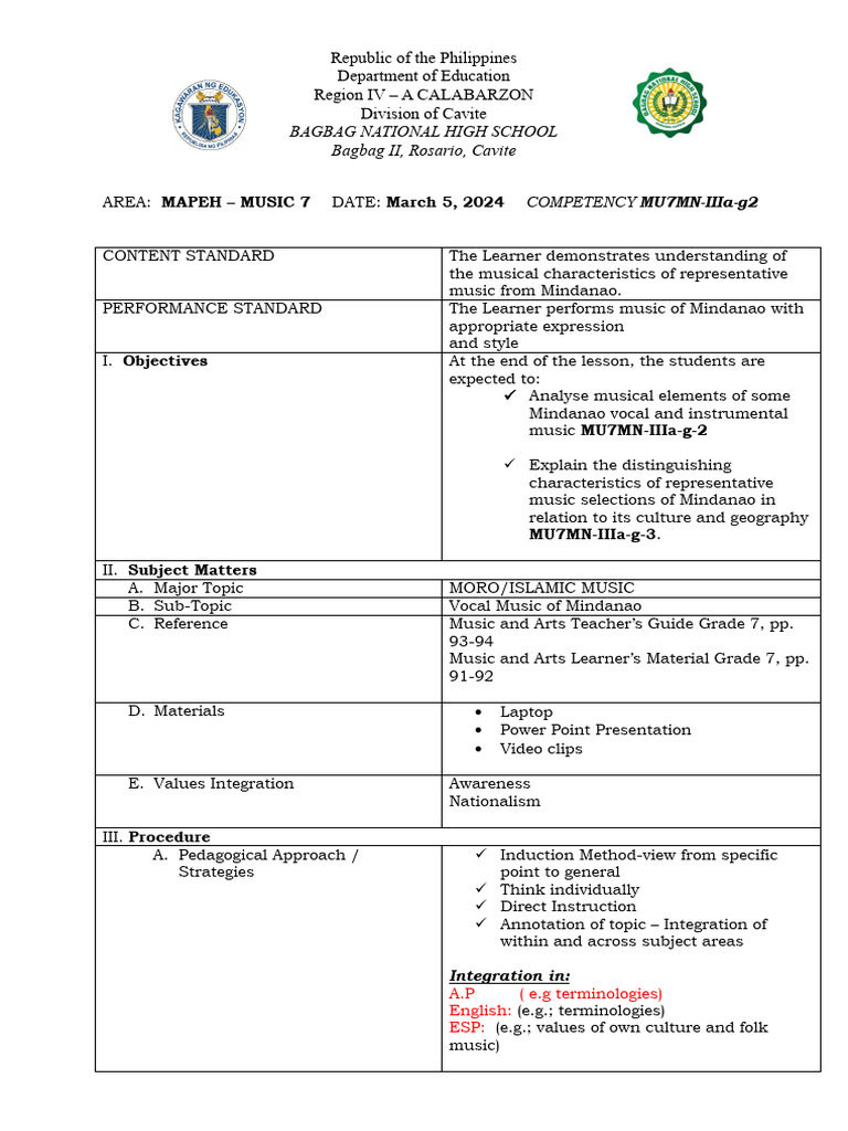 Mindanao Vocal Music Lesson Plan | PDF | Philippines | Mindanao