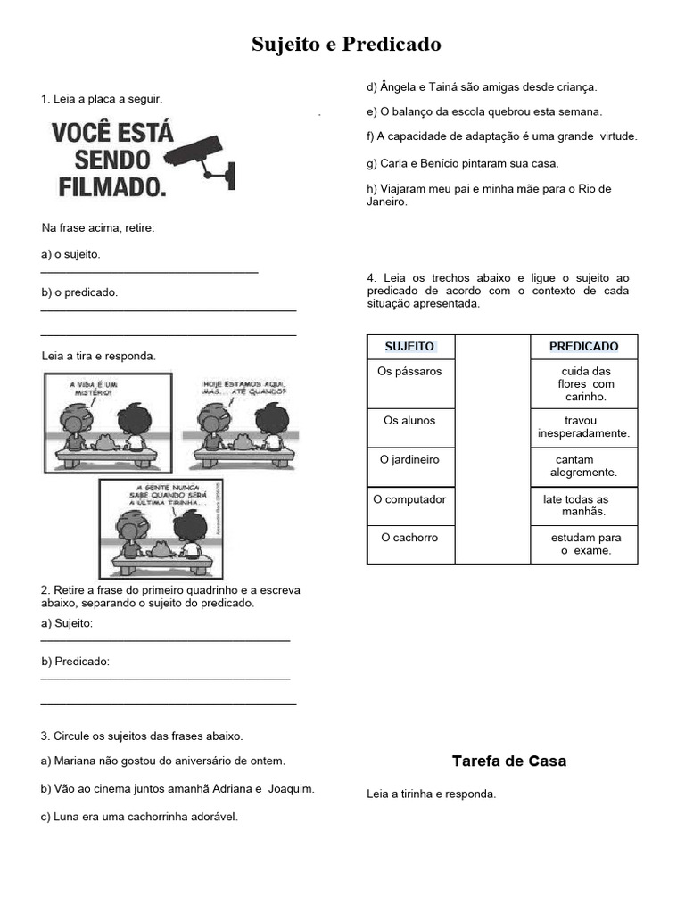 Atividades sobre Sujeito e Predicado | PDF | Assunto (gramática ...