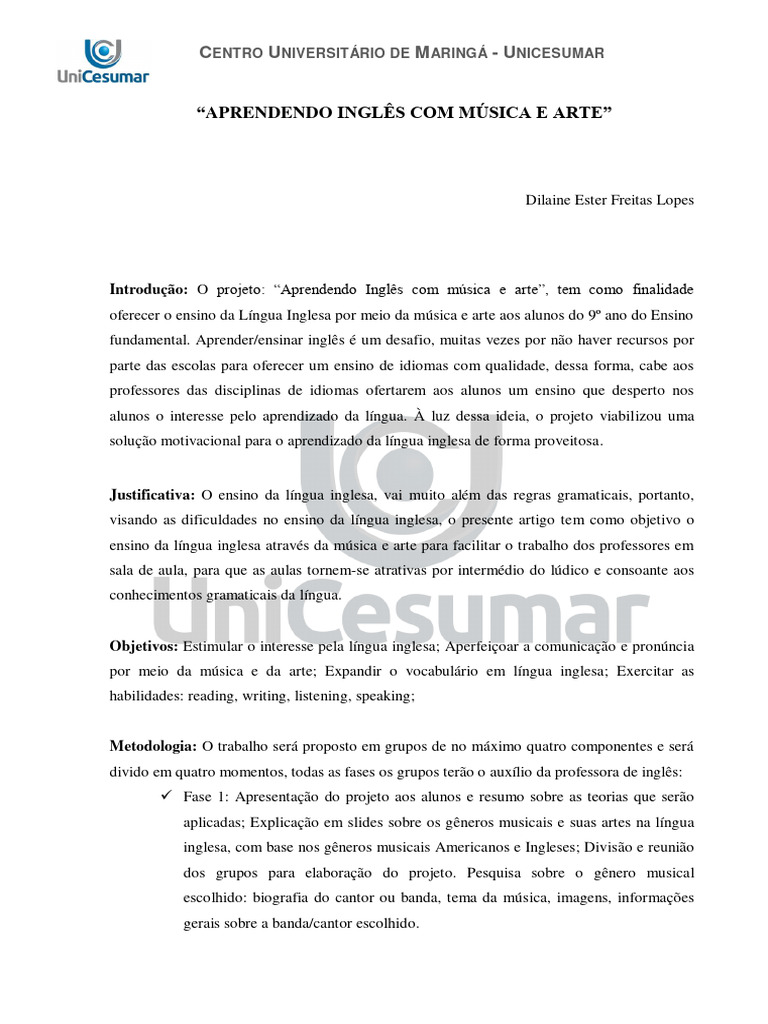 Ensino de Inglês com Música e Arte | PDF | Língua inglesa