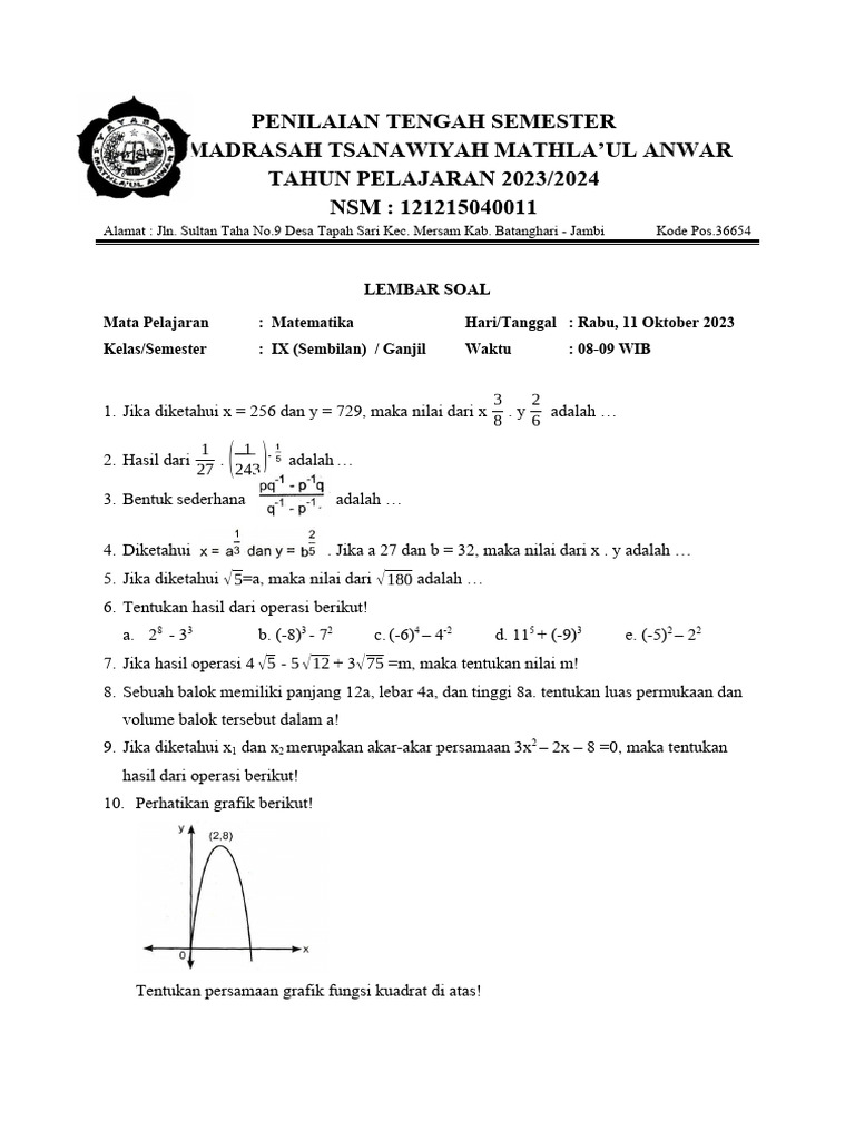 Soal Mathlaul Anwar Matematika | PDF