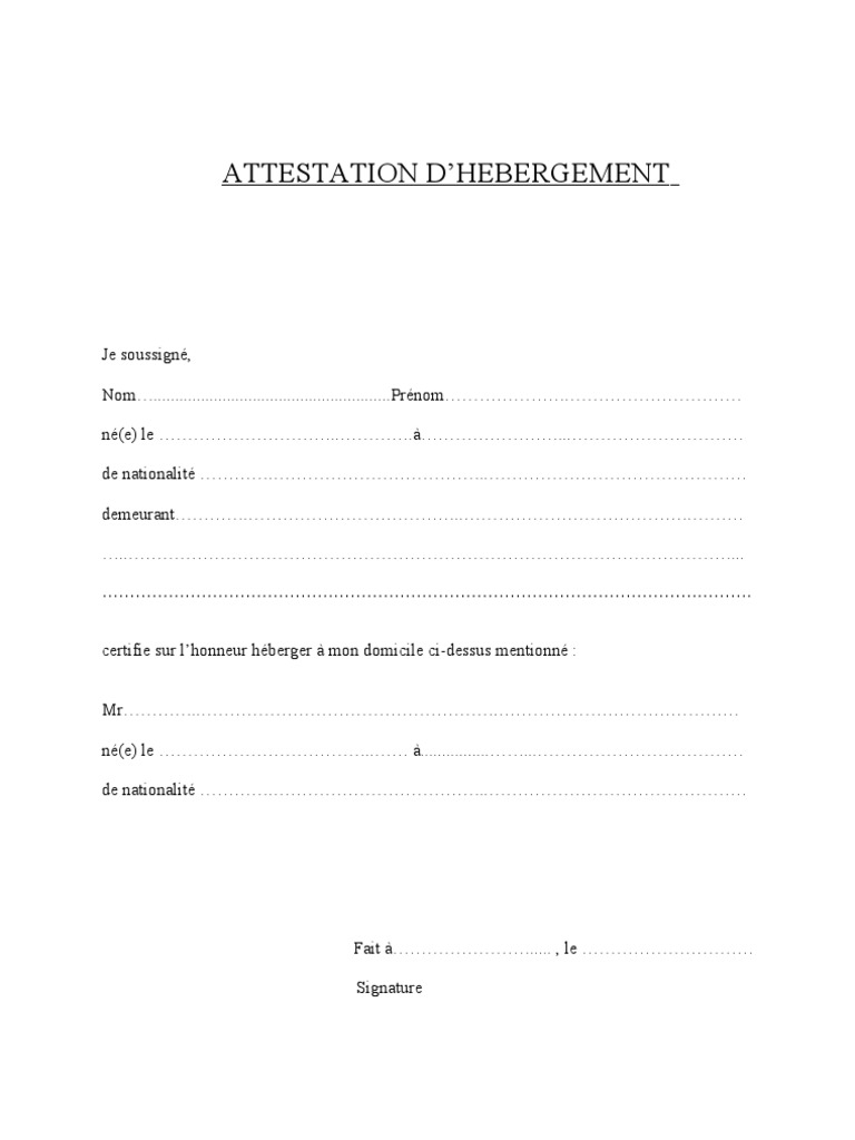 Mod le Attestation Hebergement Gratuit BKIE