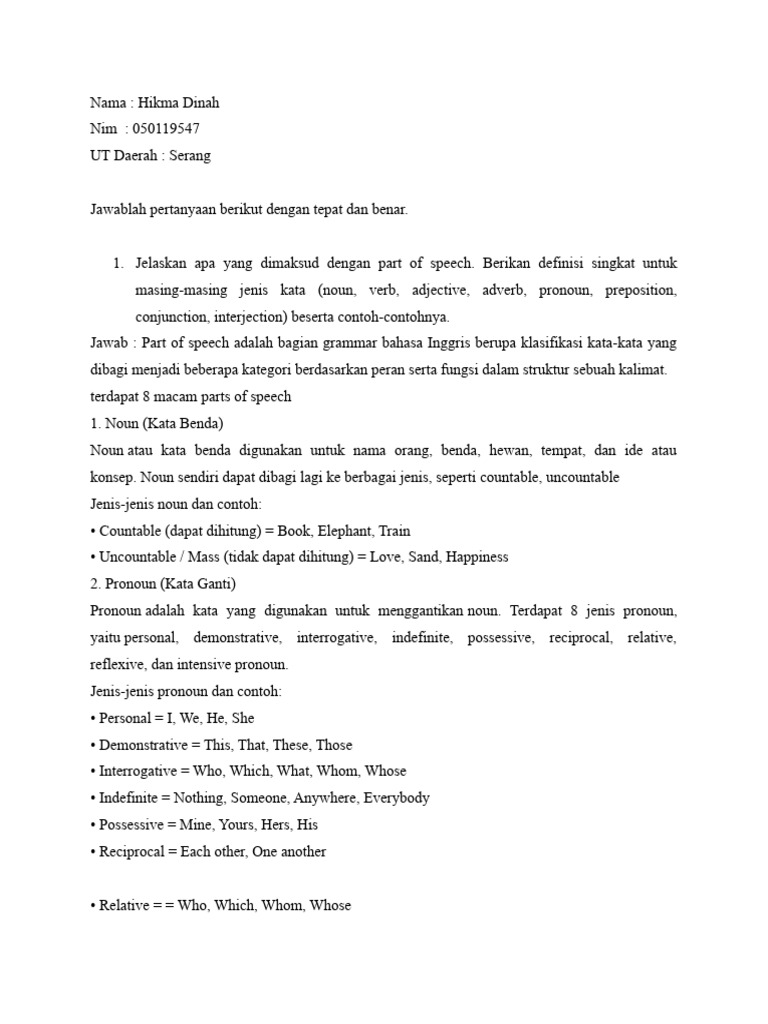 Definisi dan Contoh Part of Speech | PDF