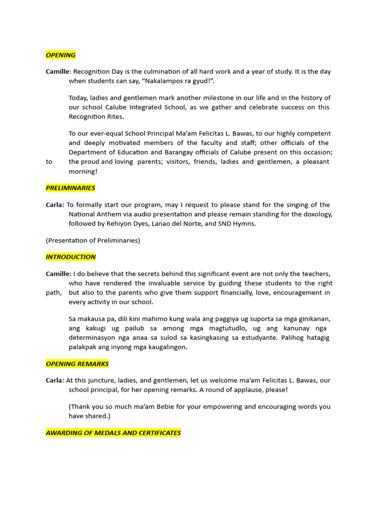 Recognition Emcee Script 2022-2023 | PDF | Wellness