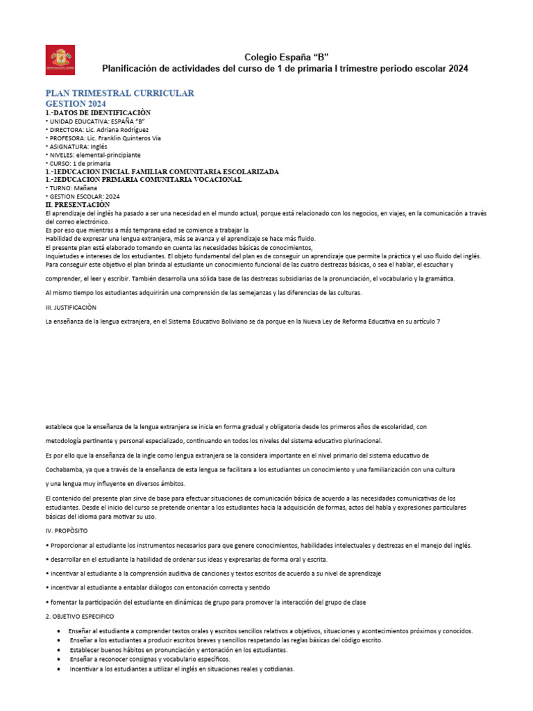 Plan Curricular Inglés 1° Primaria 2024 | PDF | Educación primaria ...
