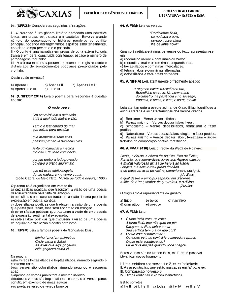 Exercícios de Gêneros Literários | PDF | Prosa | Poesia
