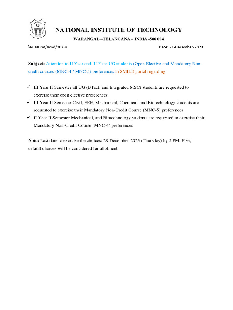 NIT Warangal UG Course Preference Notice | PDF | Engineering