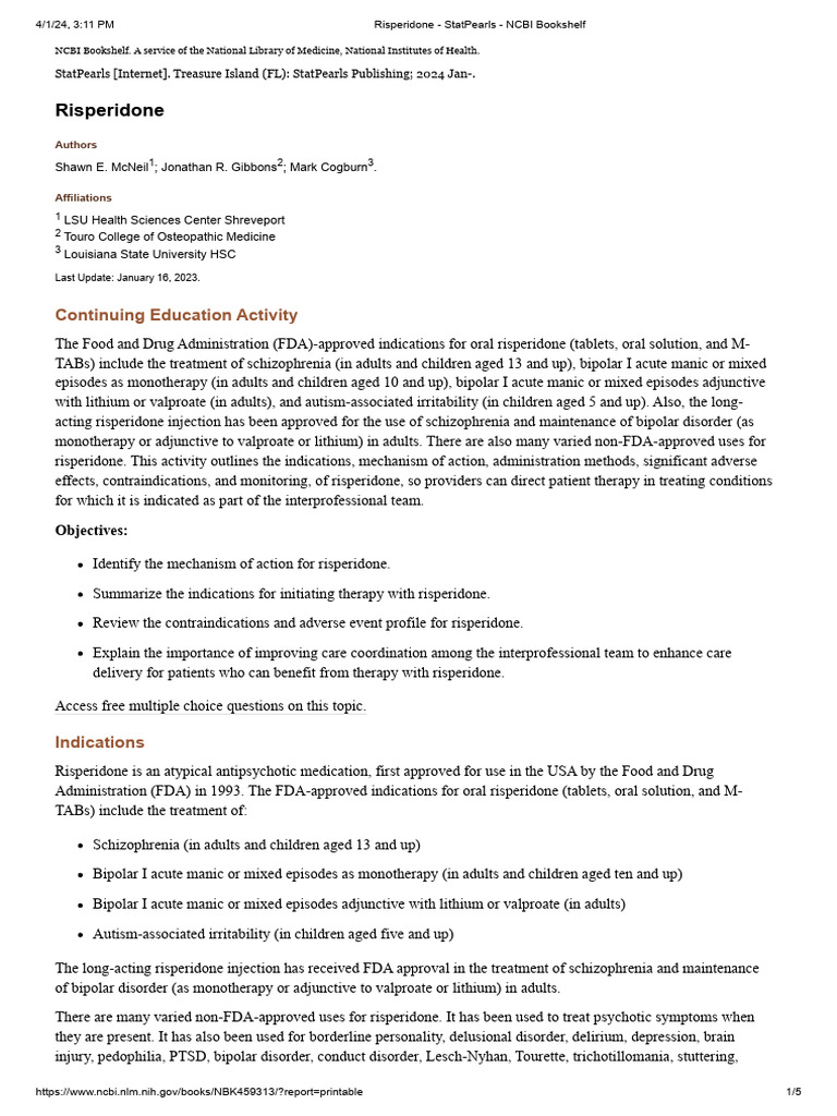 Risperidone Overview and Guidelines | PDF | Risperidone | Antipsychotic