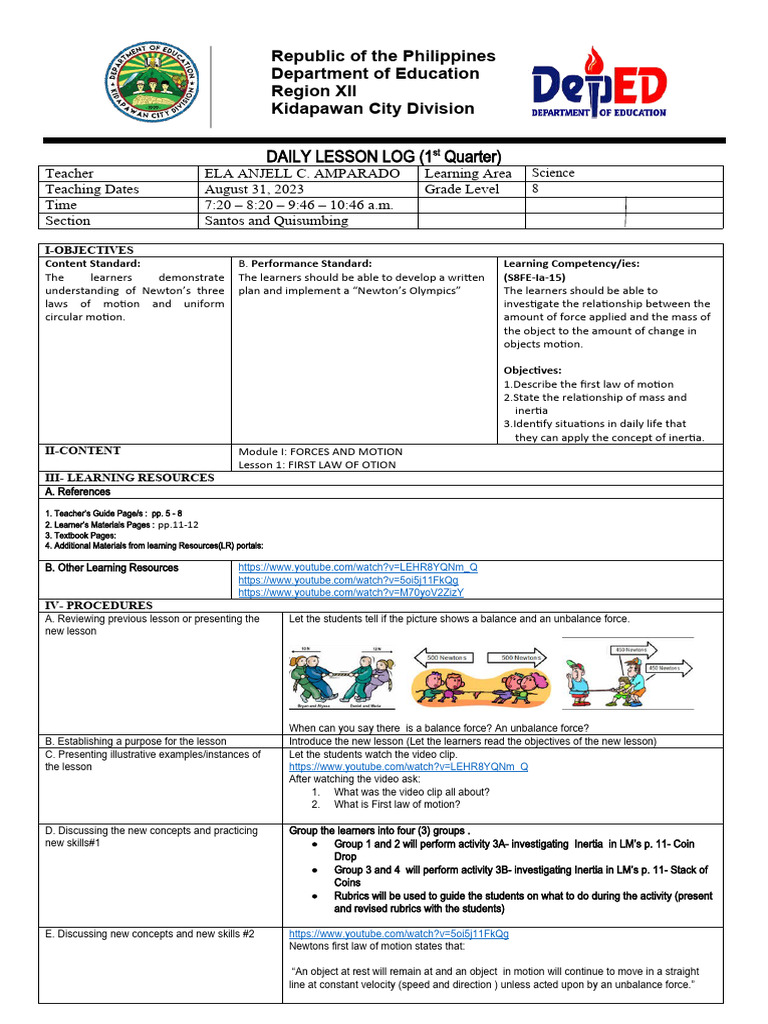 Grade 8 Science Daily Lesson Log | PDF | Force | Newton's Laws Of Motion