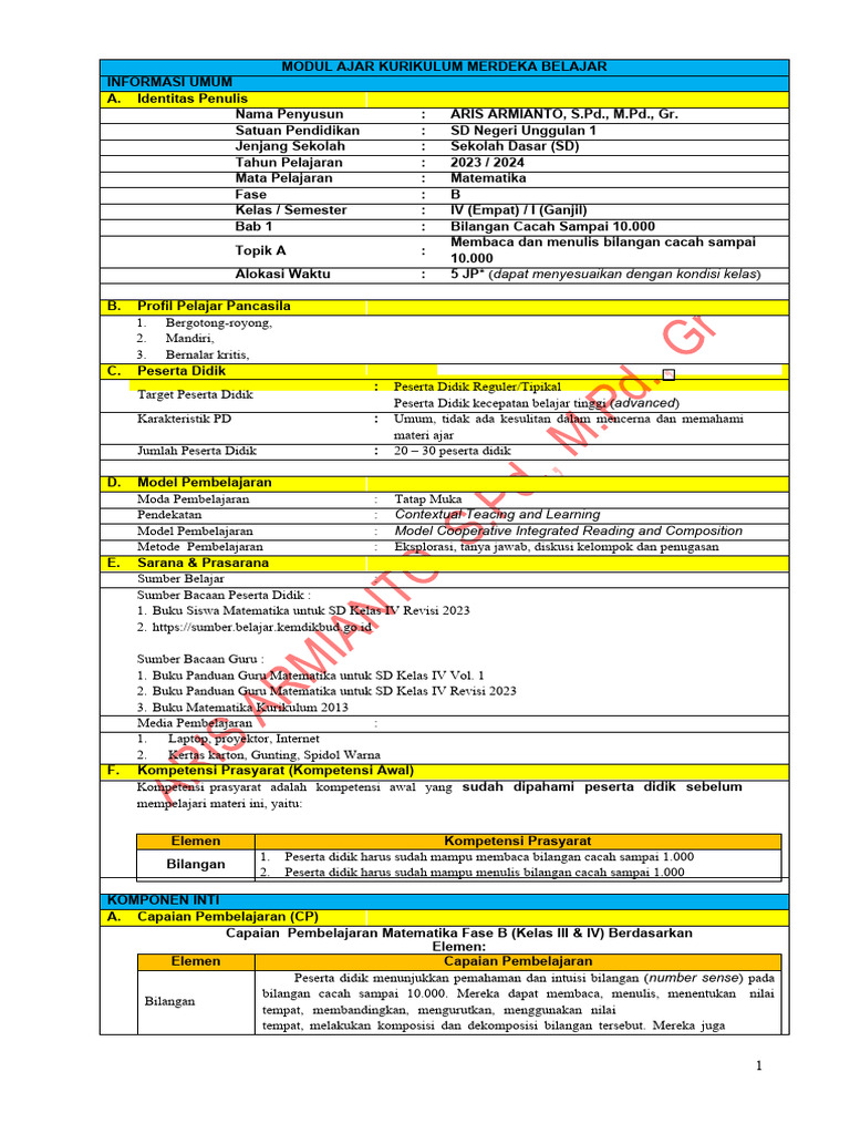 Modul Ajar Matematika Kelas 4 Pdf Karier Perkembangan