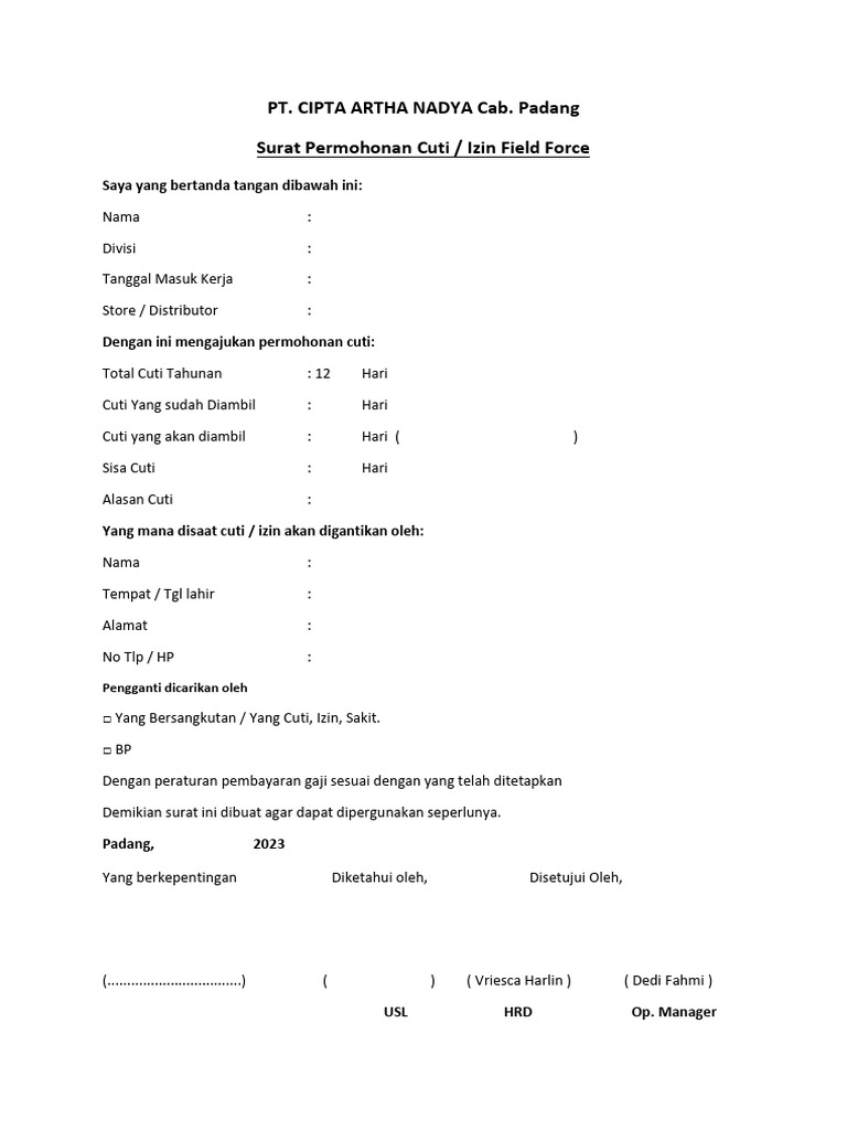 Surat Permohonan Cuti 2023 Pdf