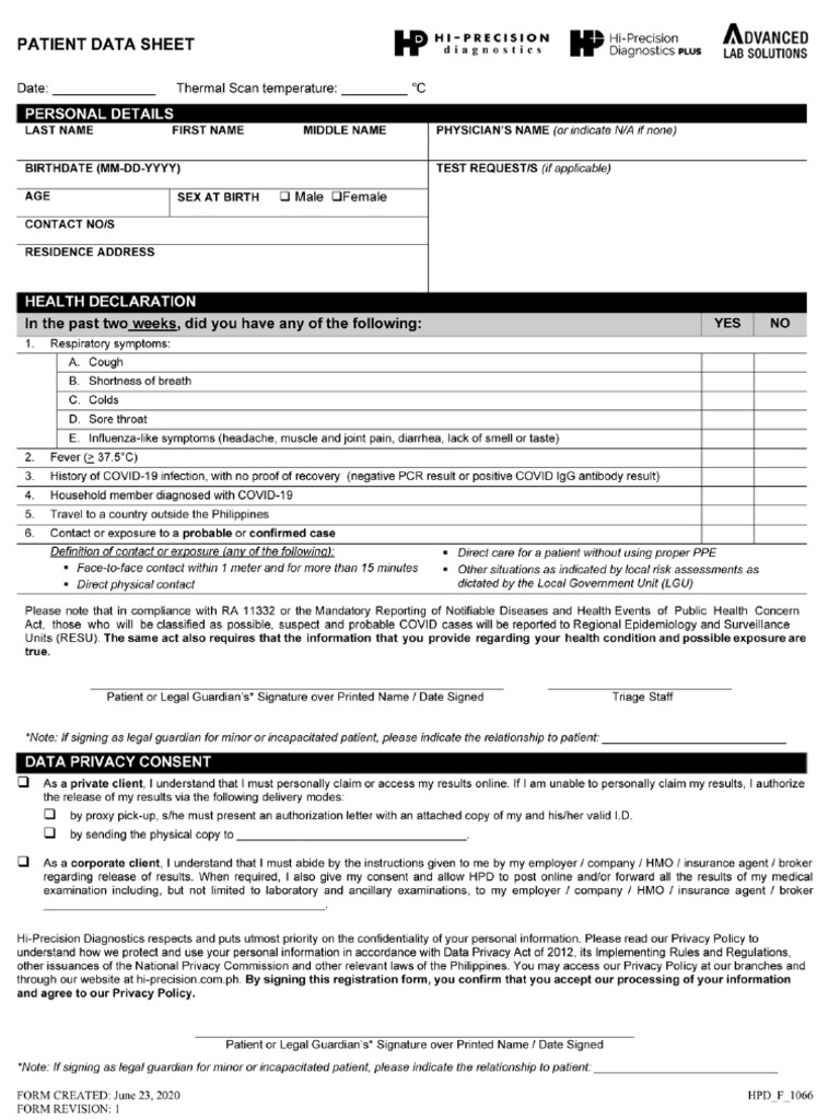 HPD - F - 1066 Patient Data Sheet 6 BW | PDF