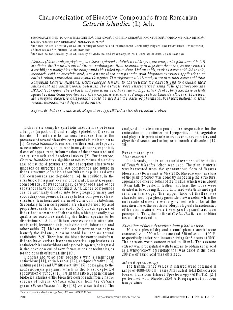 Characterization of Bioactive Compounds From Romanian Cetraria ...