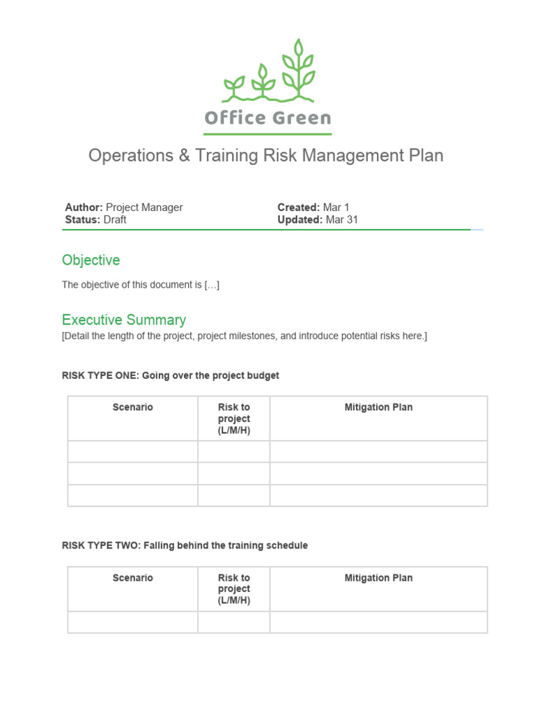 Risk management plan template PDF Risk Safety