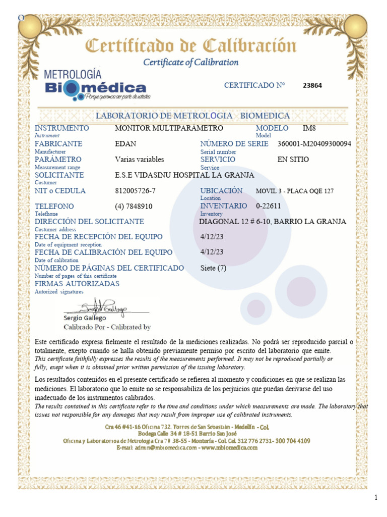 Certificado de Calibración IM8 Edan | PDF | Metrología | Probabilidades ...