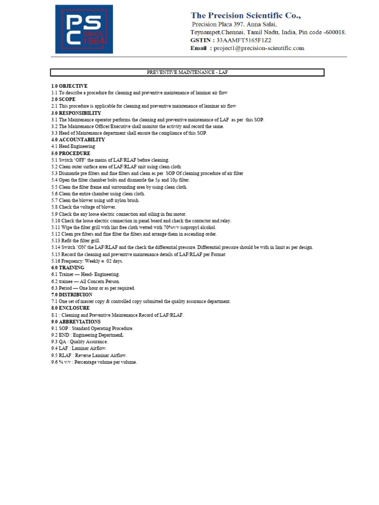 LAF/RLAF Maintenance SOP | PDF | Science & Mathematics