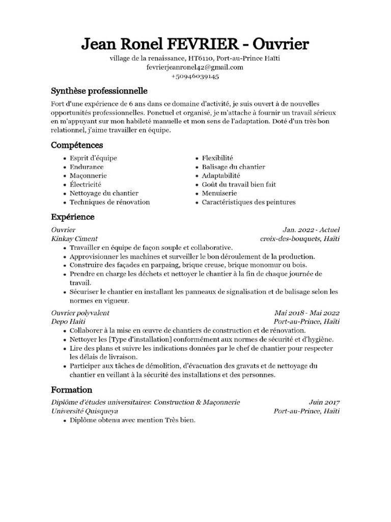 CV Ouvrier Polyvalent Qualifié | PDF