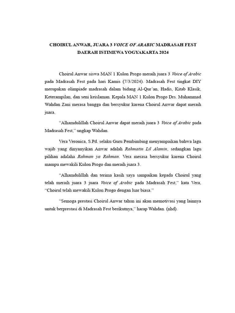 Choirul anwar juara 3 voice of arabic madrasah fest diy 2024 pdf