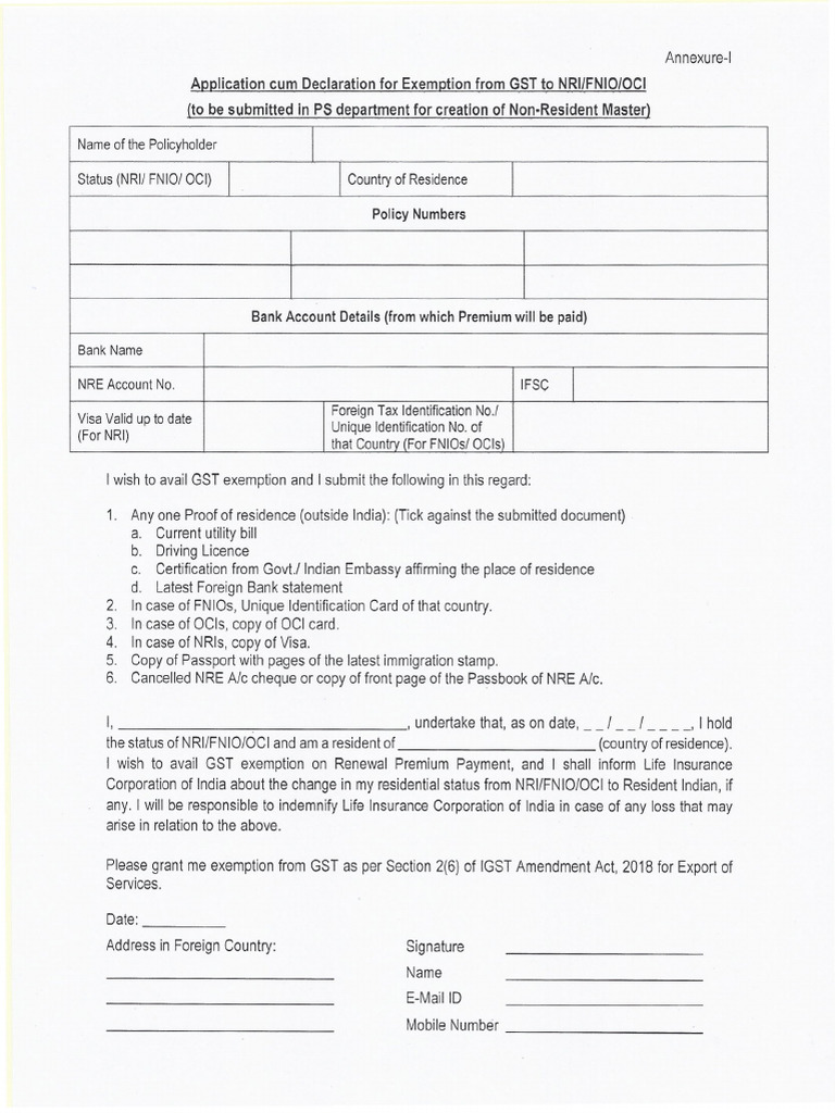 Annexure-I - (Application Cum Declaration For Exemption From GST 