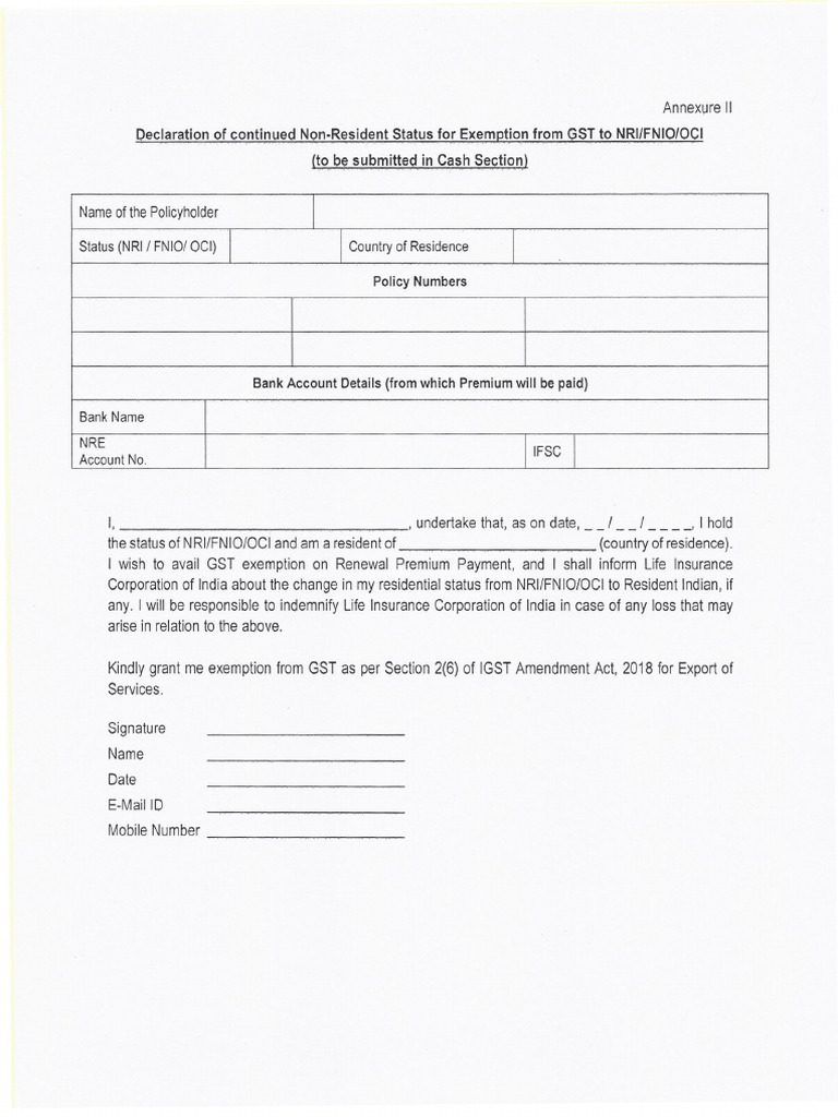 Annexure-II - (Declaration of Continued Non-Resident Status For 