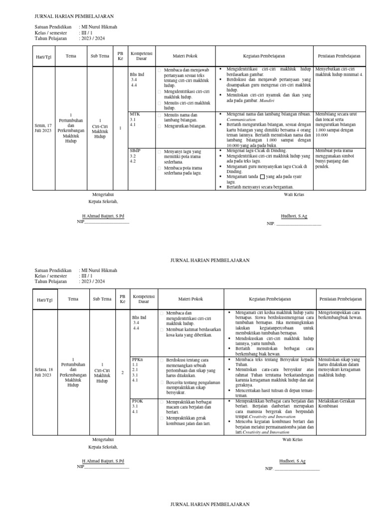 Jurnal Harian Kelas 3 SD Kurikulum Merdeka | PDF