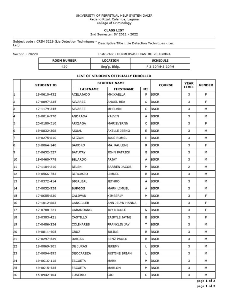 Criminology Class List: Lie Detection Techniques | PDF