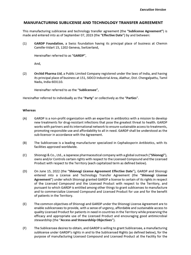 GARDP Orchid Manufacturing Sublicense Agreement Final Redacted GARDP Orchid Manufacturing Sublicense Agreement Final Redacted