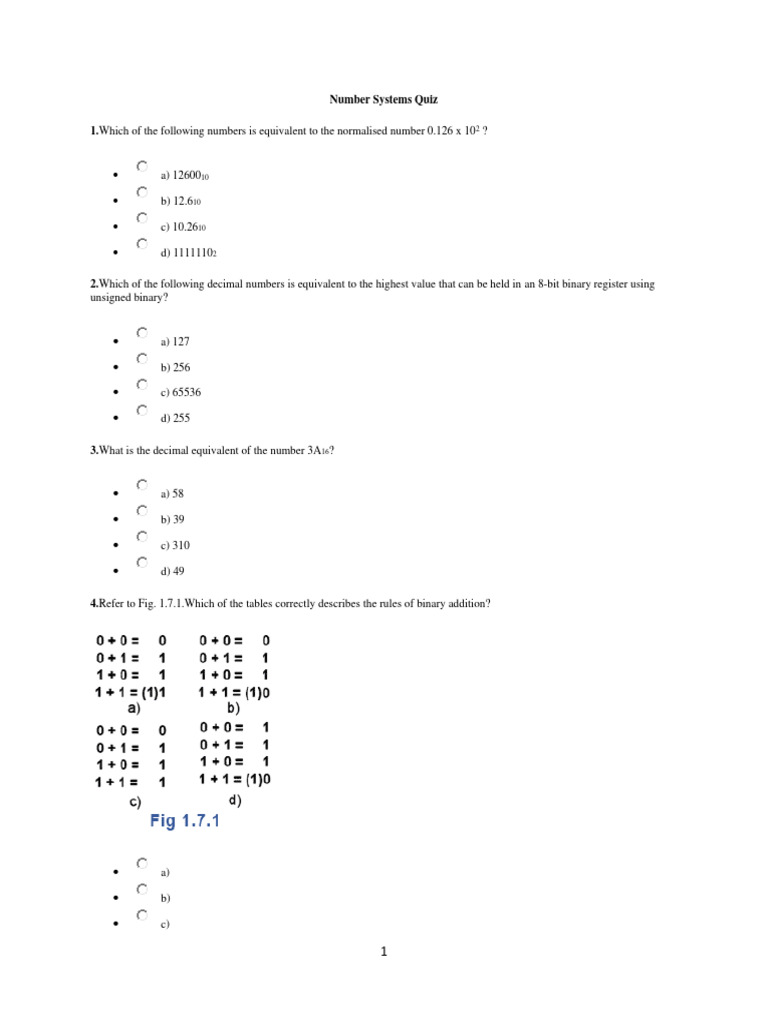 Number Systems Quiz PDF