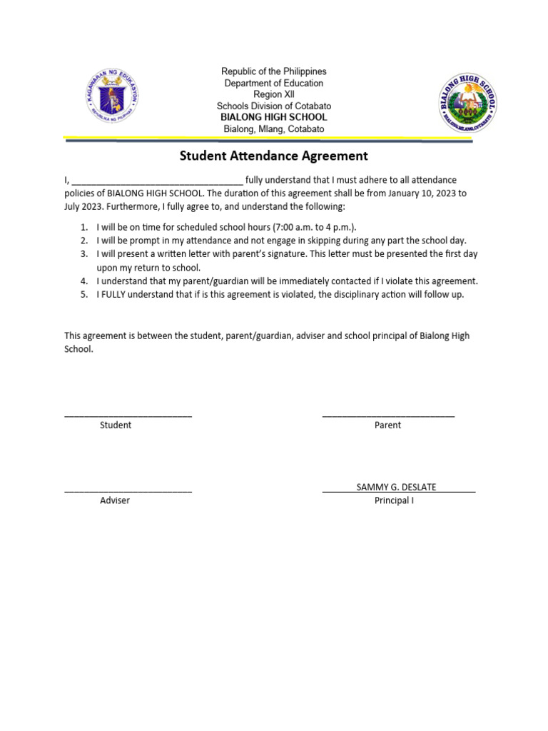 Student Attendance Agreement Form | PDF