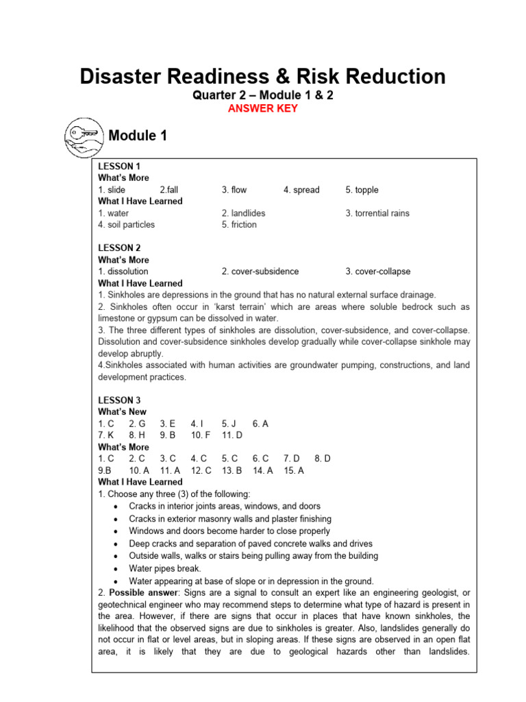 DRRR Quarter 2 Module 1 Answer Key | PDF | Sinkhole | Earth Sciences