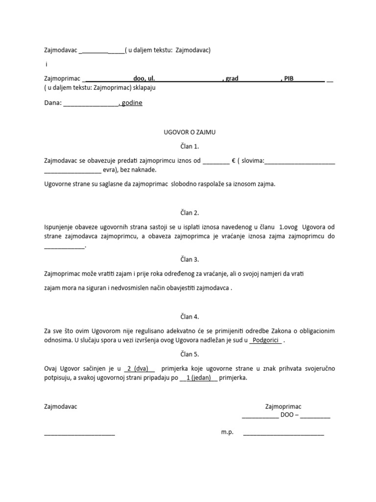 Ugovor o pozajmici - Primjer | PDF