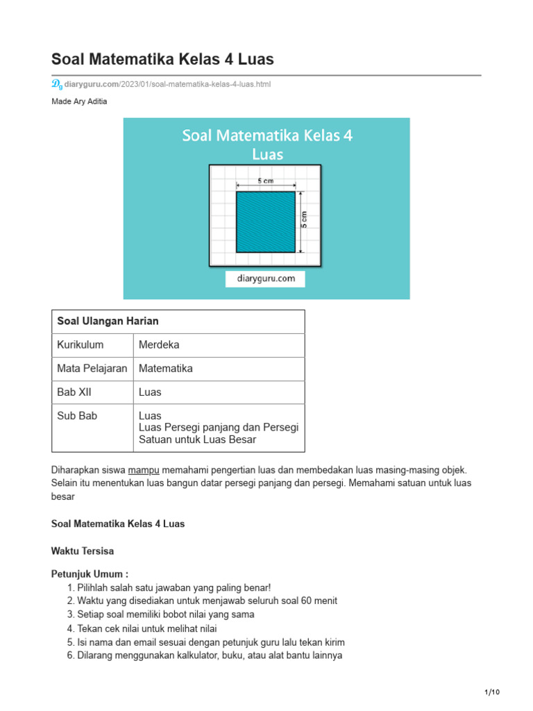 Soal Luas Matematika Kelas 4 SD | PDF | Griya & Taman
