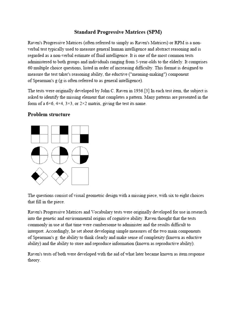 Standard Progressive Matrices (SPM) | PDF | Cognition | Cognitive Science