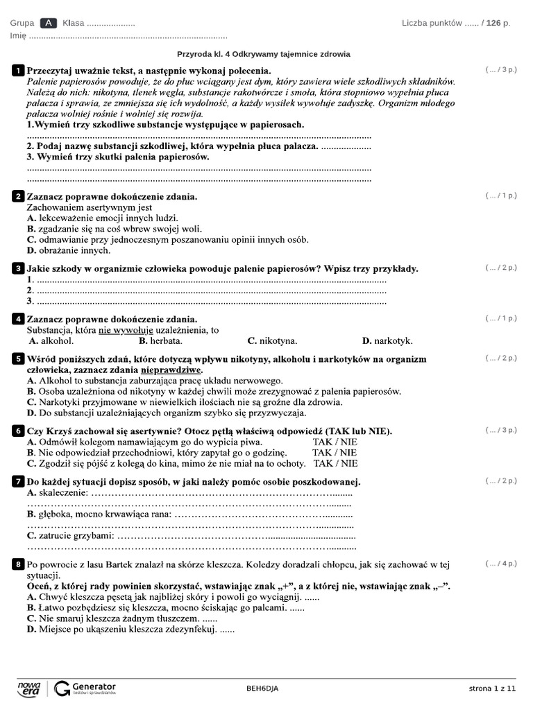 Sprawdzian Z Przyrody Klasa 4 Odkrywamy Tajemnice Zdrowia Odkrywamy Tajemnice Zdrowia Klasa 4 Część 1 | PDF