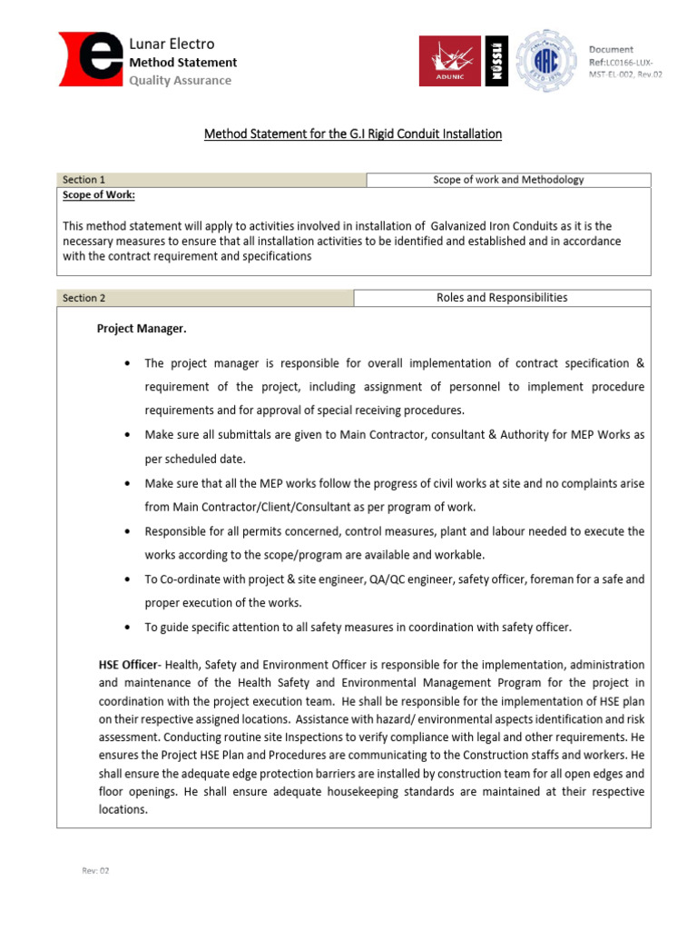 01 Method Statment G I Conduit Access Rev 02 | PDF | Personal ...