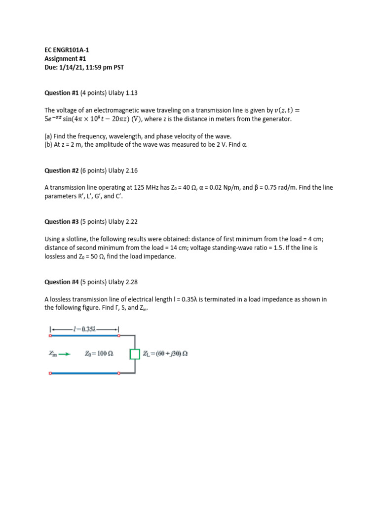 Transmission Line Analysis Assignment | PDF | Science & Mathematics