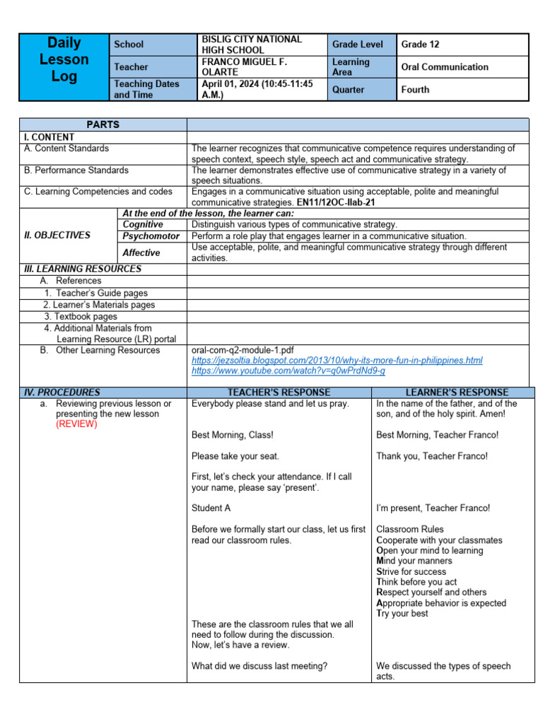 Grade 12 Oral Communication Lesson Plan | PDF | Learning | Communication