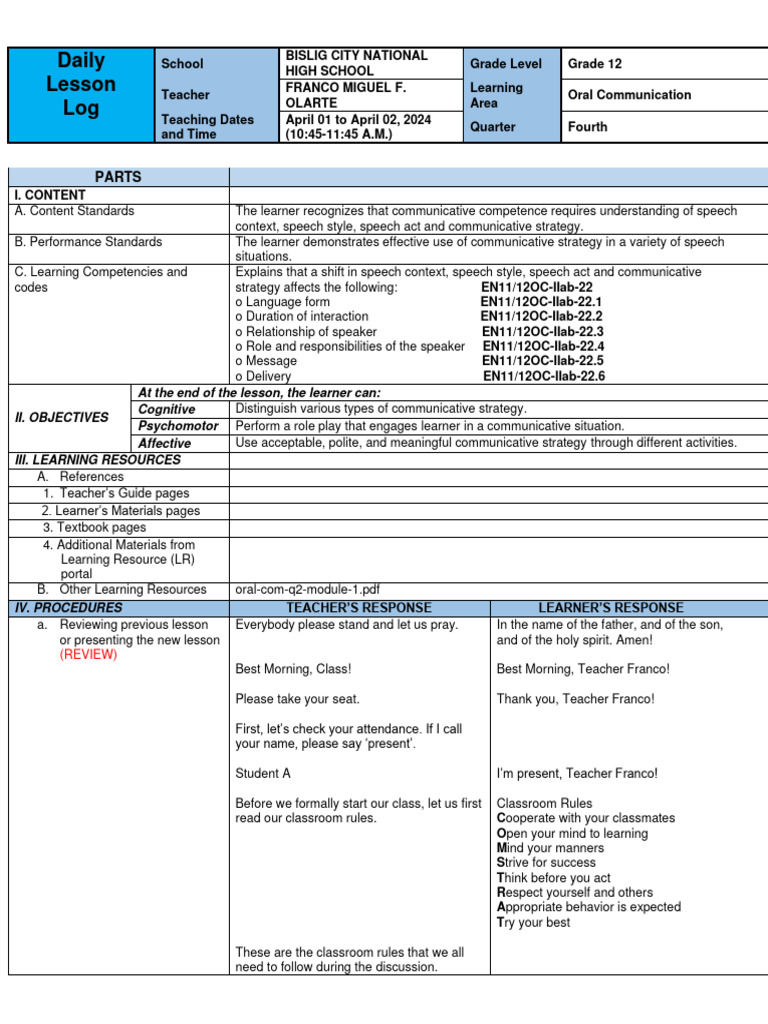Grade 12 Oral Communication Lesson Plan | PDF | Learning | Conversation