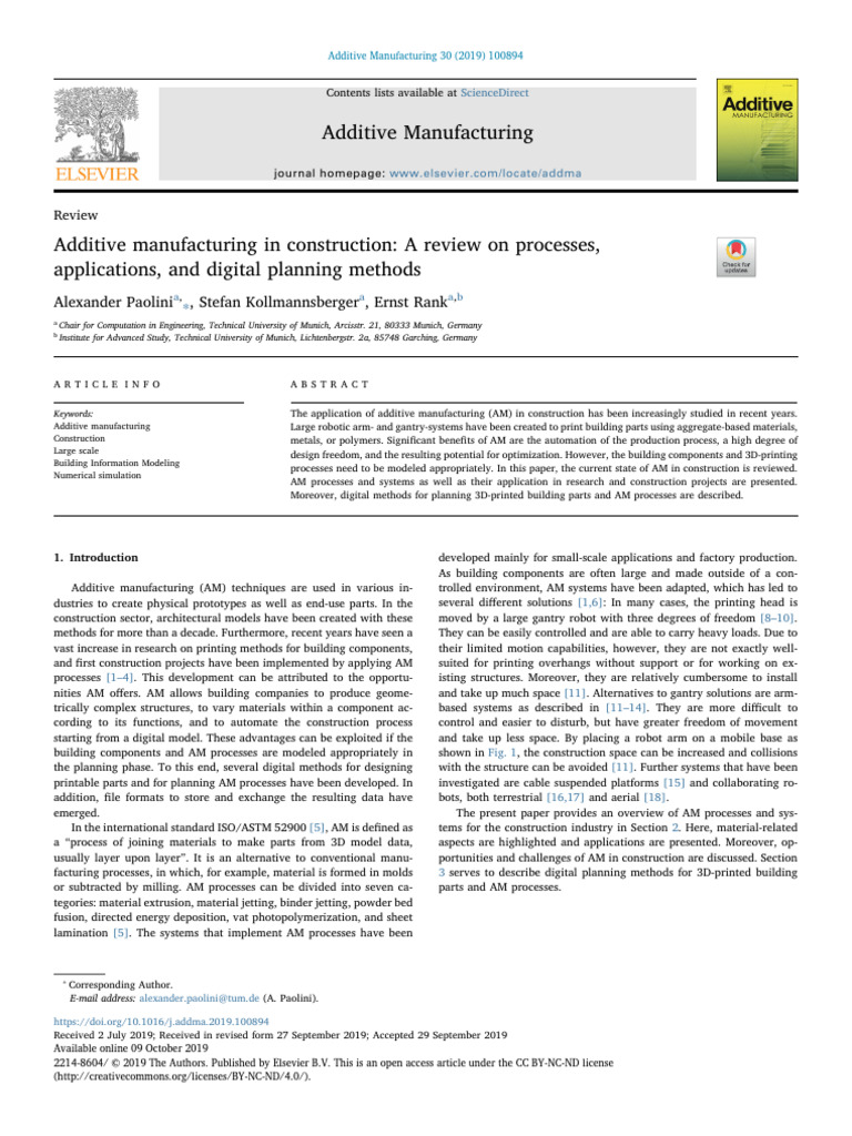 Additive Manufacturing in Construction Review | PDF | 3 D Printing ...