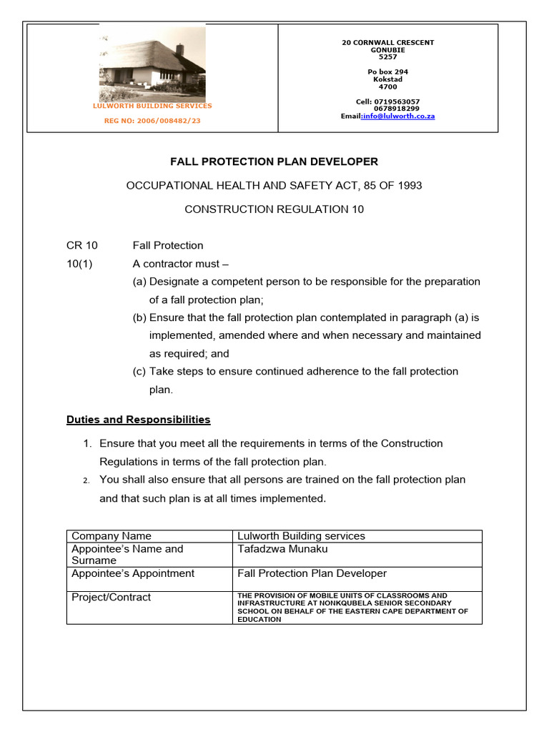 SHE App 6 Fall Protection Plan Developer CR 10 Download Free PDF