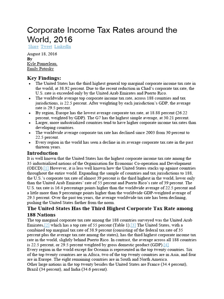 Corporate Income Tax Rates Around The World Pdf Taxes Tax Rate