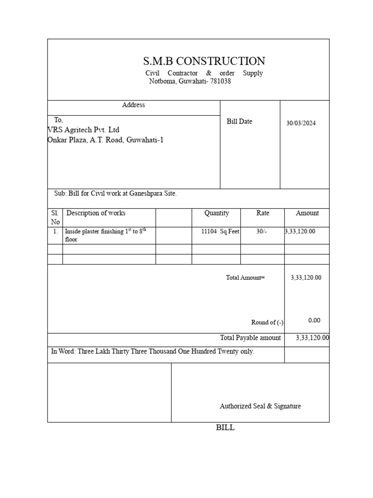 Civil Work Bill for Ganeshpara Site | PDF
