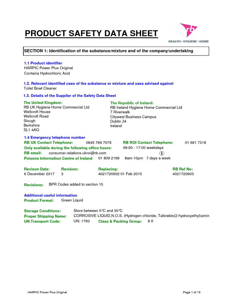 Harpic Power Plus Safety Data Sheet | PDF | Toxicity | Dangerous Goods